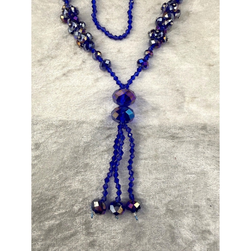 Vintage Estate Necklace Blue Faceted Glass Beaded Tassel AB Dangle 30in